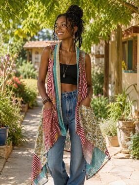 New Reversible Cotton Kantha Boho  Sleeveless Duster Vest in Teal, Red & Yellow
